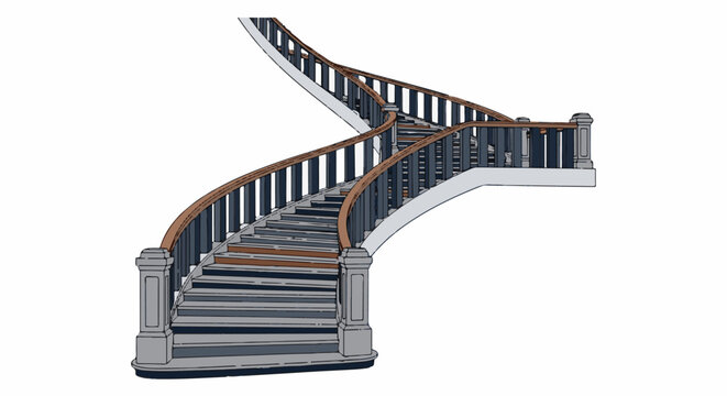Ornate curved staircase with dark balusters and wooden railing