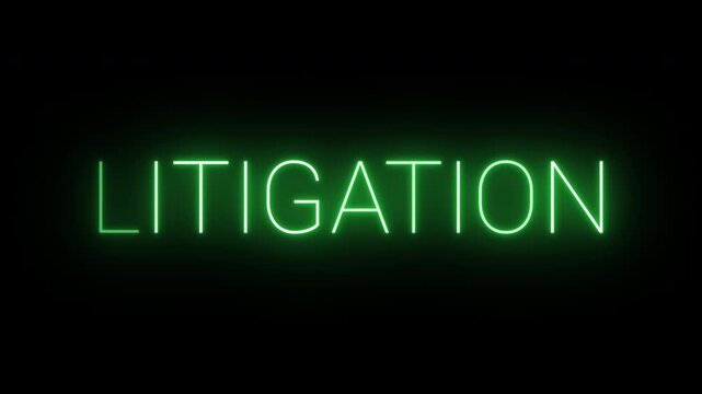 Flickering neon green glowing litigation sign animated black background.