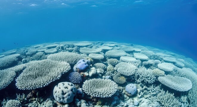 A haunting underwater view of a vast coral reef system turned completely white from bleaching caused by rising global ocean temperatures, destruction, water, biodiversity