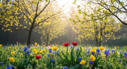 Fototapeta premium A lush green meadow overflows with colorful wildflowers and budding trees as the bright sun shines through the branches during peak spring, scenery, background, botanical