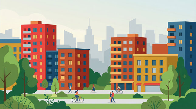 Colorful apartment buildings in a city park with people walking and cycling on a path under a clear sky, flat style