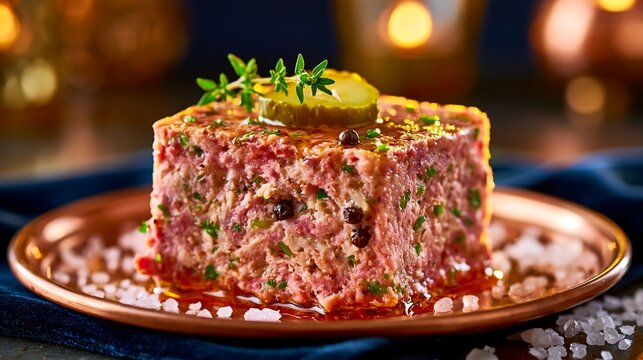 Magret de canard meat terrine with herbs and pickle on copper plate