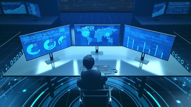 3D holographic technology office, In a futuristic control room, an operator sits at a central desk, analyzing data visualizations including binary code, charts, and a world map on three monitors.
