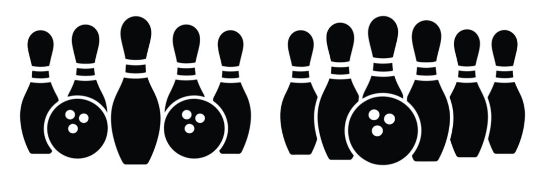 Bowling Game Icons Set with Pins and Ball, Sport Vector Symbols for Strike, Spare, Competition, Tournament Play, and Leisure Recreation Design.