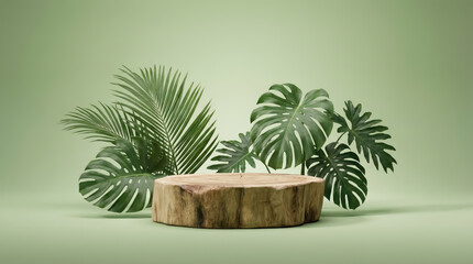 Obraz premium Natural wooden log podium display stand surrounded by lush green tropical monstera and palm leaves against a soft sage green background