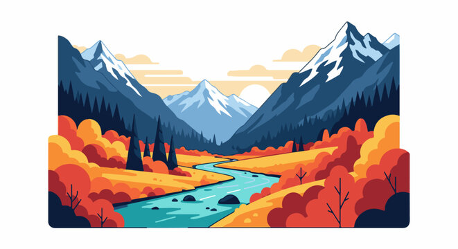 Stylized autumn mountain valley with a winding blue river under a pale sun
