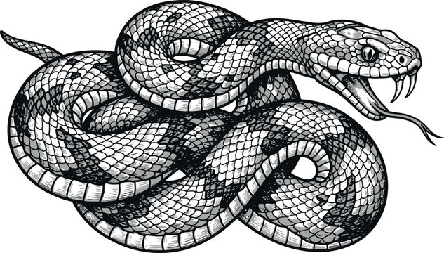 Detailed black and white engraving of a striking coiled viper snake, perfect for tattoo designs, logos, and edgy apparel graphics.