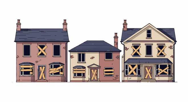 Three boarded-up houses stand on a white background
