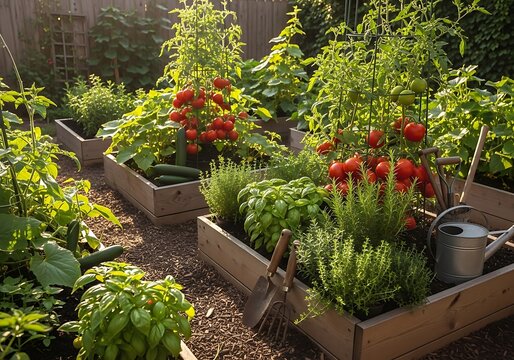 Fresh red tomatoes and green herbs growing in wooden raised garden beds. garten im sommer