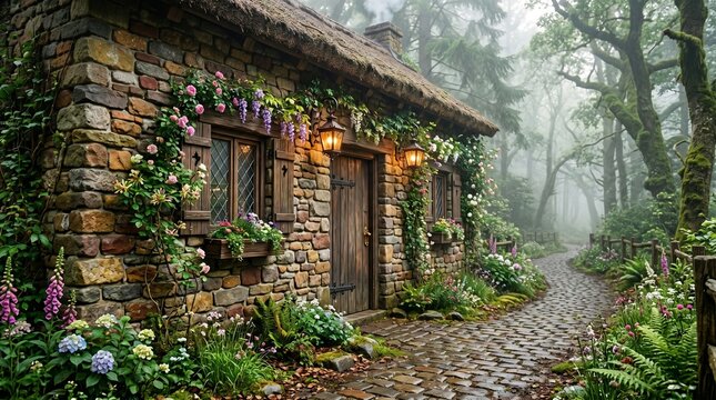 An antique stone hut wall built with multicolored cobblestones in earthy tones, featuring small wooden windows, hanging lanterns, and flowering vines. A misty forest and cobblestone path in the backgr