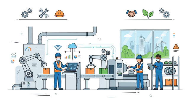 Modern Sustainable Factory Interior with Workers and Automation Technology Illustrating Labor Day and Green Industry Concepts