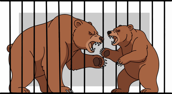 Two cartoon bears fighting behind bars in a simplified enclosure
