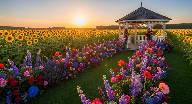 Wooden gazebo in a beautiful sunflower field with colorful flowers during a golden sunset. garten im sommer