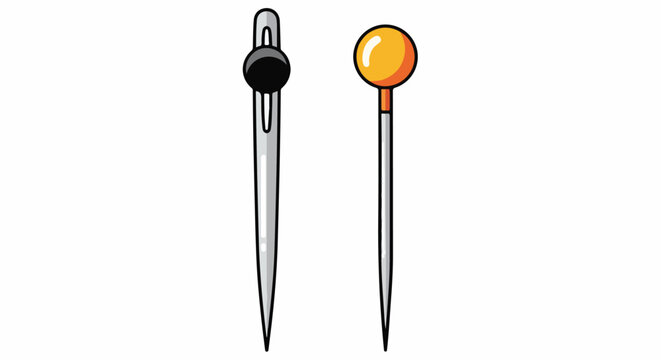 Two cartoon sewing pins, one with a black head, one with an orange head
