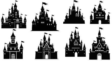 Collection of Black Castle Silhouettes, Fantasy Medieval Architecture © Roni