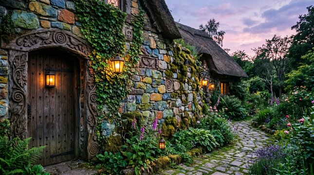 A magical old stone hut wall composed of colorful natural rocks, adorned with ivy, moss, and carved wooden details. Soft lantern light, a cobbled garden path, and a pastel twilight sky create a stunni