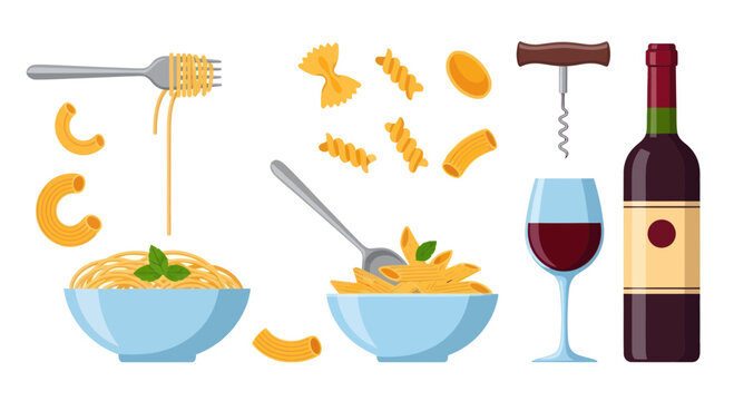 Italian Pasta Meal with Red Wine and Utensils - Flat Design Elements
