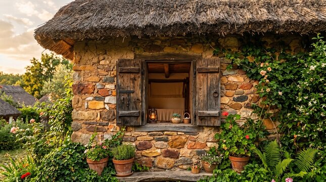 A detailed wallpaper of a traditional village hut wall made from colorful stones and mud plaster, with rustic wooden shutters and thatched roofing. Warm golden light, surrounding greenery, and soft sh