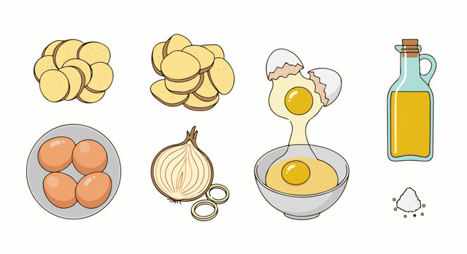 Sliced potatoes, eggs, onion, oil, and seasoning for cooking