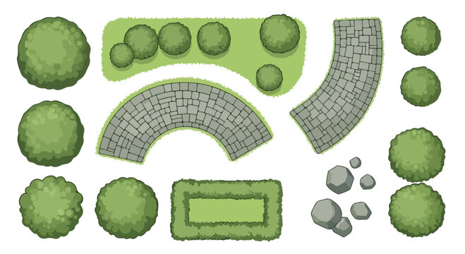 Landscape design elements in top view, garden map creator with green bushes and stone paths, architectural site plan vector set for backyard planning