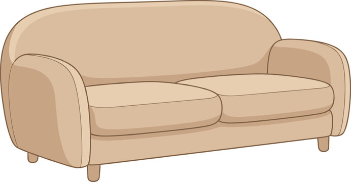 Beige sofa with rounded edges and two seat cushions, minimalist furniture design for modern interior decoration and creative product visualization