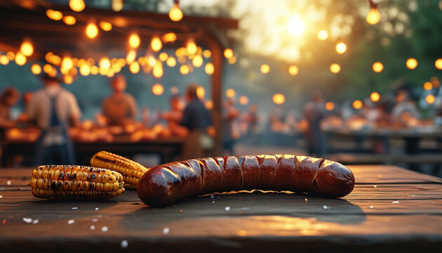 Grilled sausage and corn on wooden table at labor day barbecue celebration for banner background and poster design