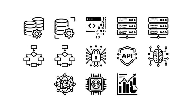 Data processing and database management black and white vector icon pack for technology design
