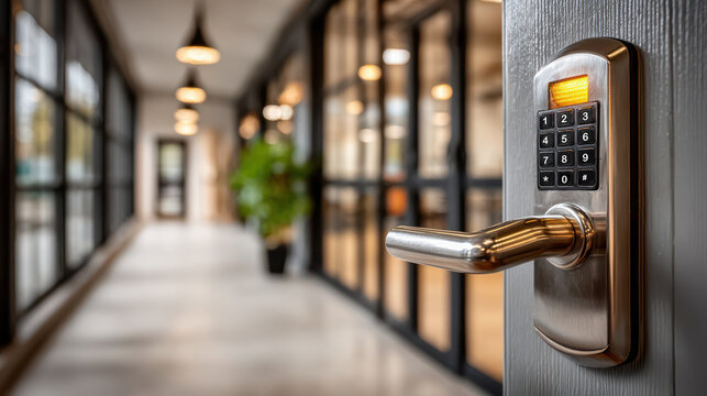 Sleek digital keypad door lock with metal handle for office security and keyless entry in modern corridor and lobby background design