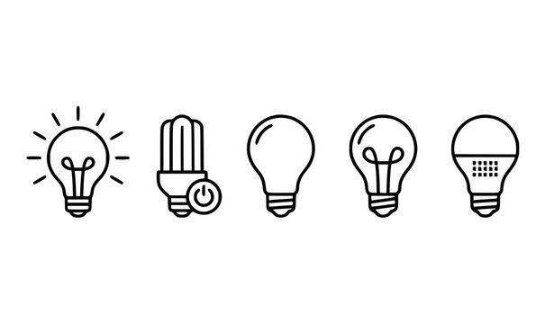 Modern Light Bulb Icon Set: Minimalist Vector Illustrations of Incandescent, CFL, and LED Energy-Saving Lamps for Lighting Design Projects