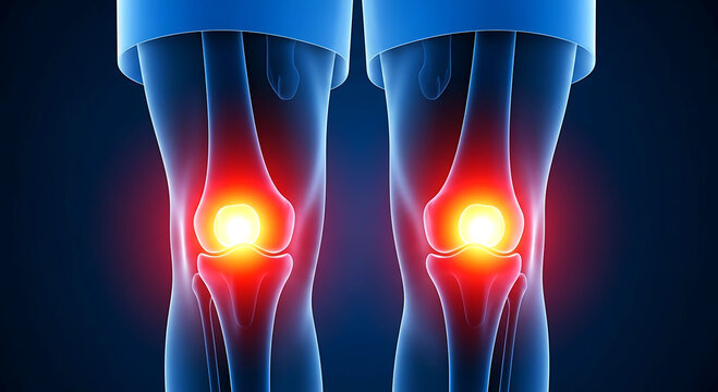Human knee joint pain inflammation medical 3D anatomy visualization blue background