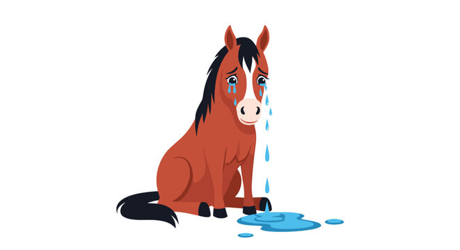 Sad brown horse sitting on ground and crying a pool of blue tears with mournful expression on face for animal welfare theme.