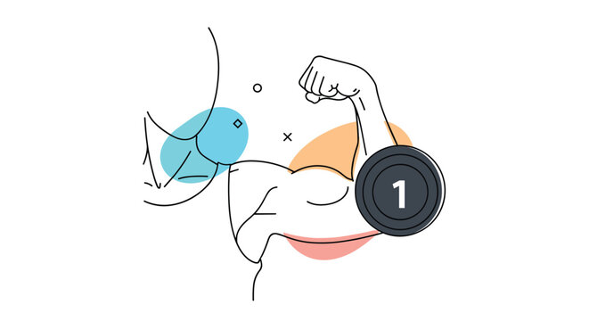 Strong man flexing his muscular bicep while holding a weight plate with the number one printed on it in a minimal vector art style.