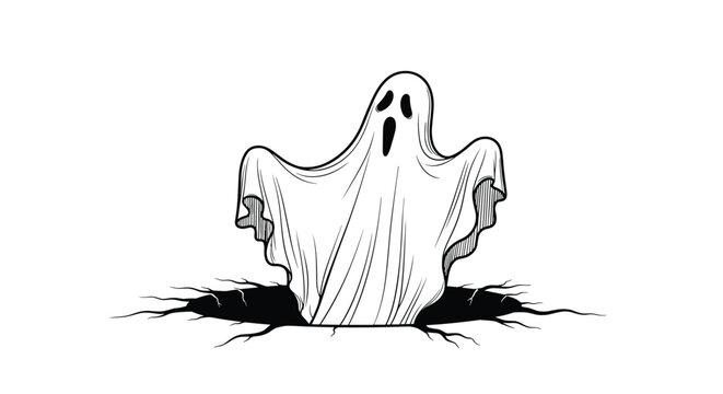Detailed sketch of a classic sheet ghost with a long hollow mouth rising from a deep cracked hole in the ground.