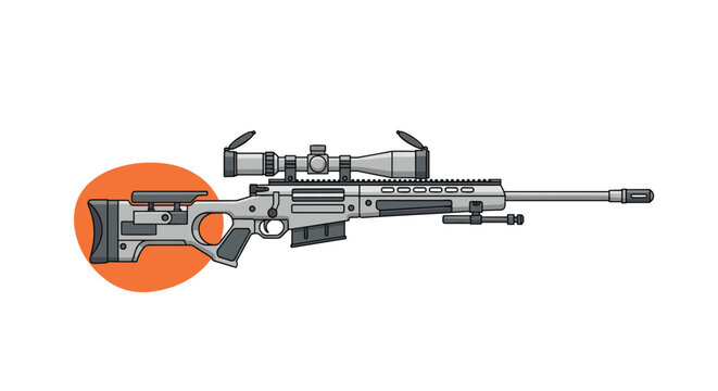Modern sniper rifle with a scope and bipod shown in a detailed flat illustration against a circular orange background shape.