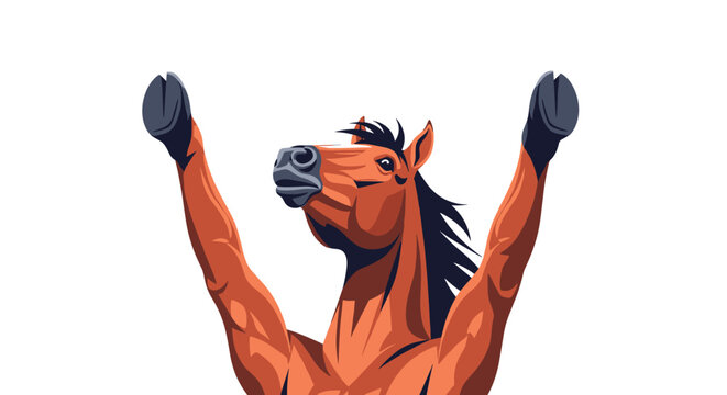Energetic brown horse head with front hooves raised high as if cheering or celebrating in a vibrant cartoon illustration.