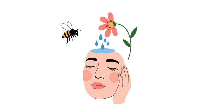 Surreal concept of a woman's face where water drops fall into her open head from a flower while a bee flies by.