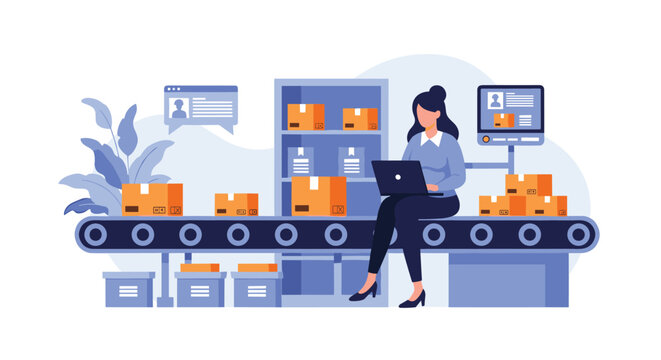 Logistic manager woman sitting on a warehouse conveyor belt while managing shipping data on her laptop computer.