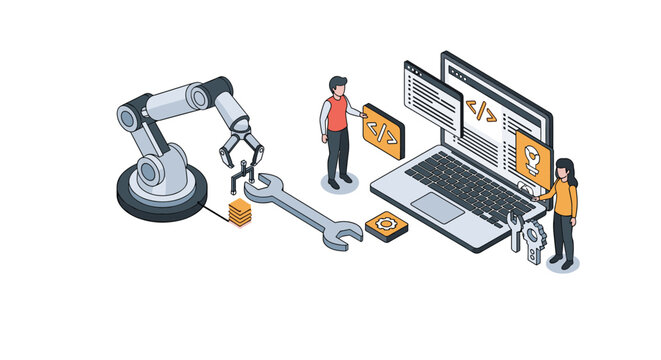 Robotic arm assembly line illustration with people coding on a laptop and using tools for industrial automation.