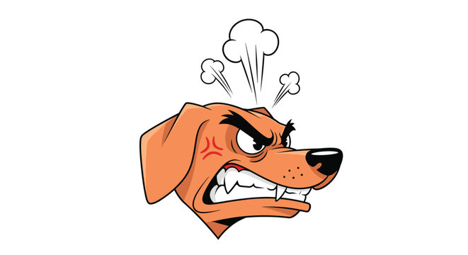 Angry cartoon brown dog with a fierce scowling expression and white steam clouds blowing from its head ears.