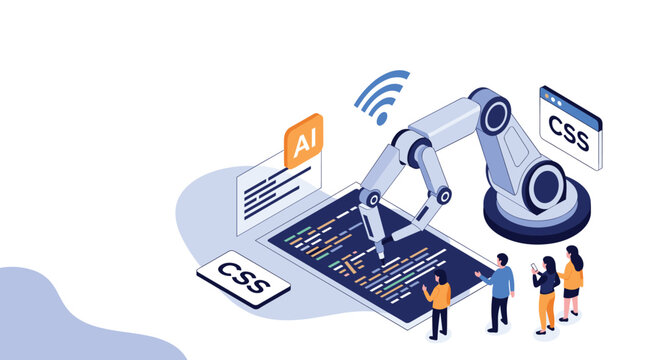 Isometric robot arm coding on a digital tablet surrounded by css and artificial intelligence icons with people observing the technology.