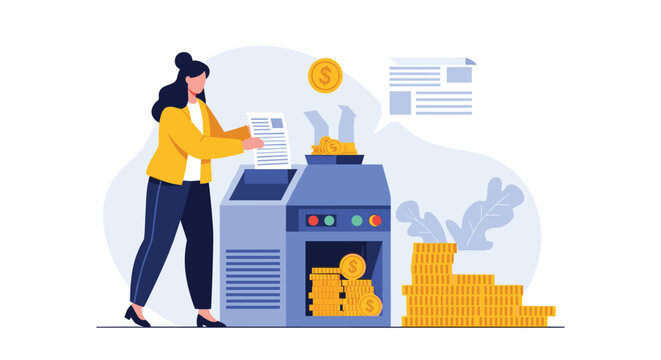 Professional businesswoman feeding paper documents into a machine that converts them into various stacks of golden coins for profit.
