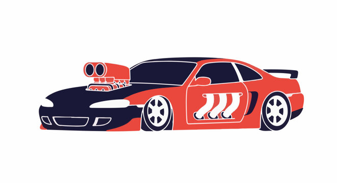 Stylized sports car with a prominent engine scoop and exhaust pipes