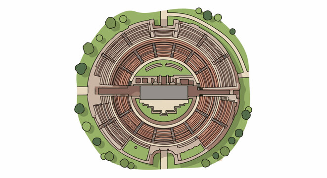 Overhead view of a semicircular amphitheater with tiered seating and a stage