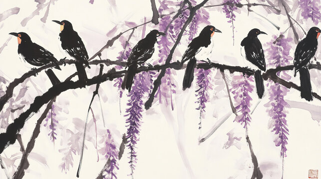 Ink painting birds wisteria close up black magpies on purple bamboo ancient Chinese garden simple minimalist lines ink wash abstract expressionist style