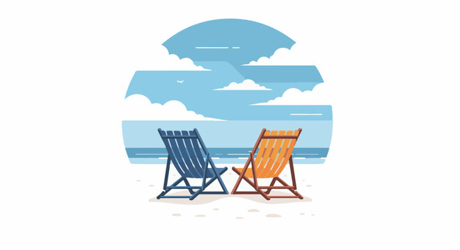 Two empty deck chairs face the ocean on a sandy beach under a cloudy sky