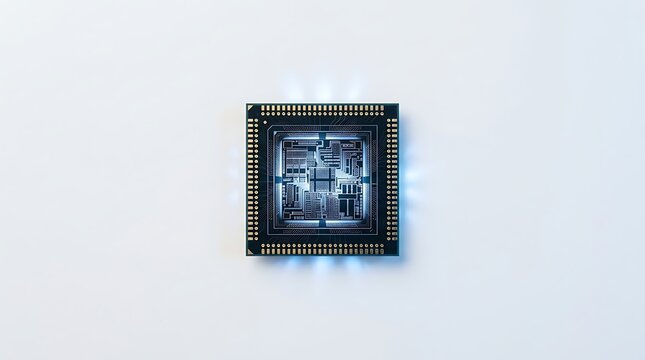 Top view of a single microchip processor on a plain white background with microchip processor computer