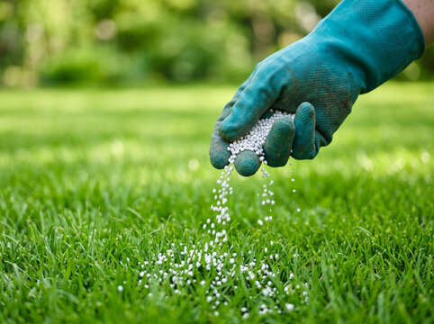 Gardener Hand Spreading Fertilizer Granules on Green Lawn Close Up