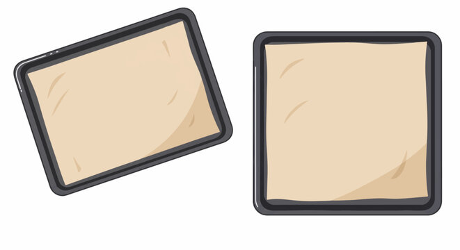Two flat, simple baking trays with brown filling on a white background