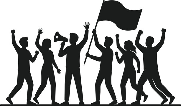 Black silhouette of protest group with flag and megaphone symbolizing unity, activism, collective action, and creative artwork design