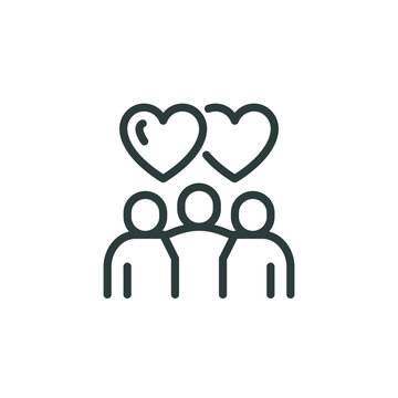 Support group or teammates, friendly team thin outline icon. Minimalist line sign three people hug each other and heart shapes Vector isolated pictogram for web and app or infographic editable stroke.